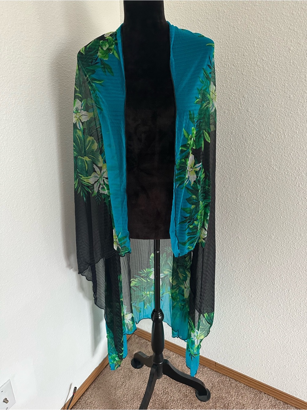 Oscar De La Renta Tropical Floral Sheer Kimono Wrap - Teal & Black